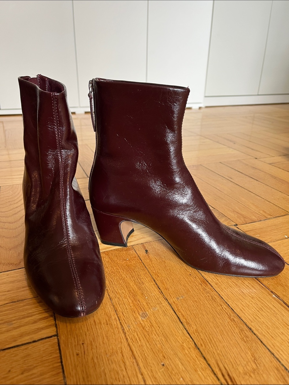 Oxblood Almond Toe Glossy Ankle Boots